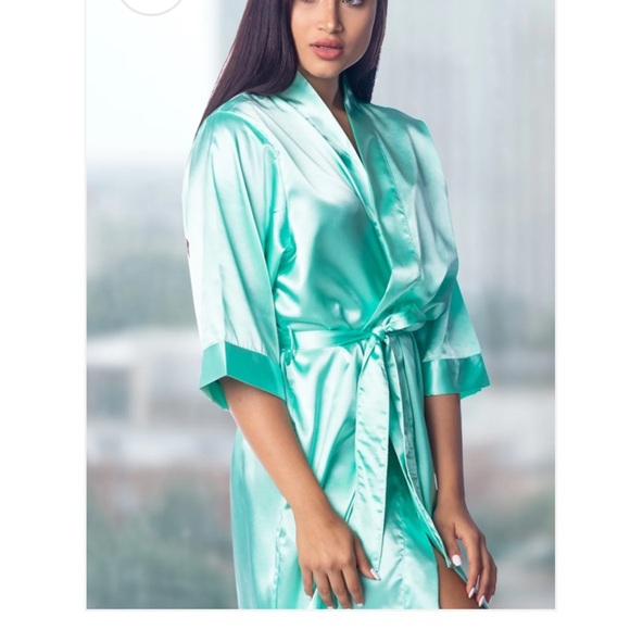 Mint Green Kimono Style Rhinestone BRIDESMAID Monogram Short Robe W Pockets M - Picture 2 of 16